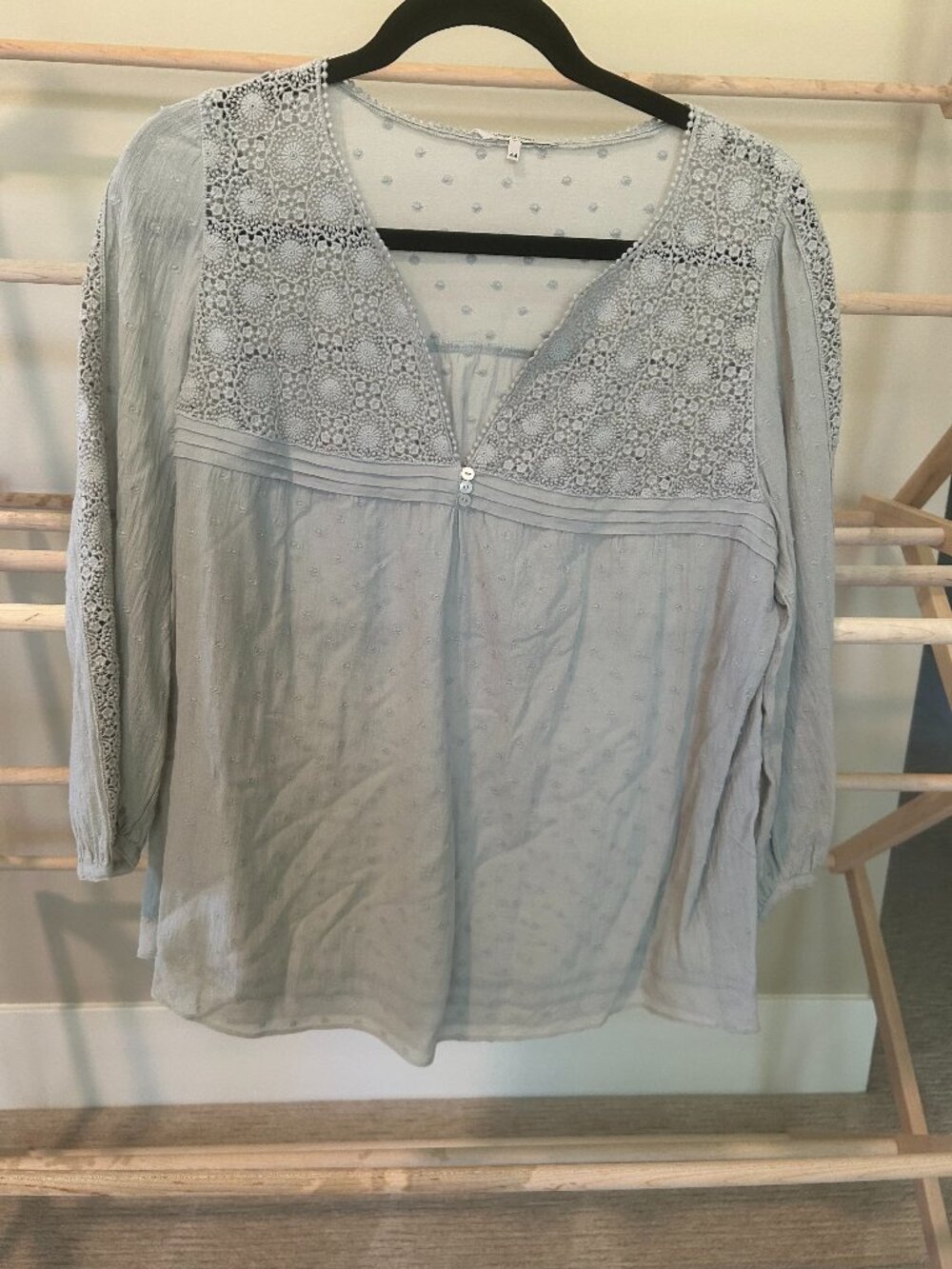 NWT Gerard Darel French Designer Light Blue Lace Yoke Swiss Dot Top 44 / XL
